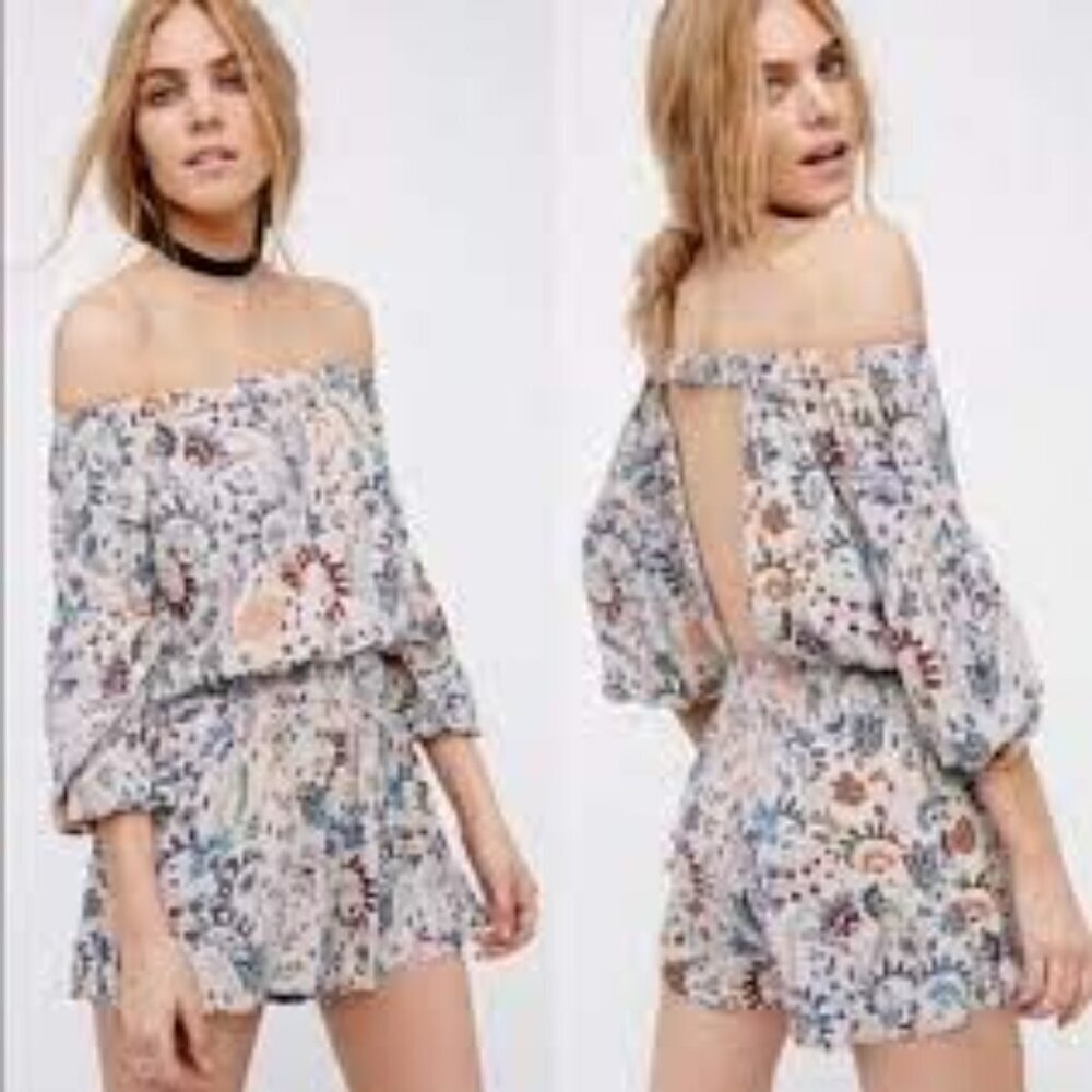 Free People Pretty & Free Off-The-Shoulder Boho Long Sleeve Romper Small - Picture 4 of 8